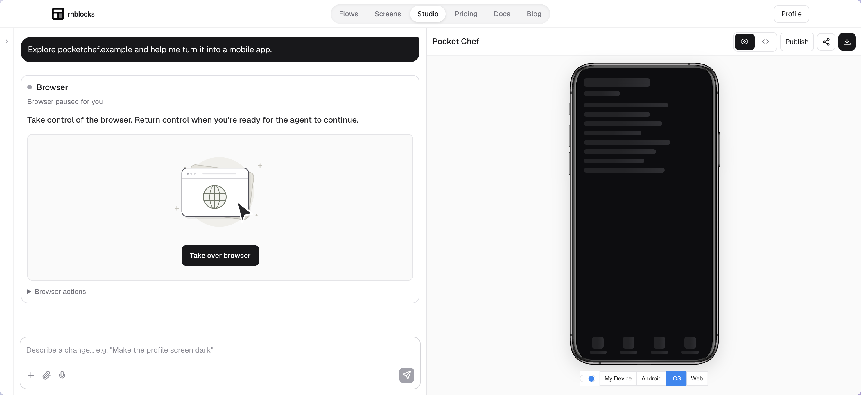 Inside the Studio conversation, a Browser card says Browser paused for you. The handoff includes the RNBlocks waiting illustration and Take over browser. The desktop workspace keeps the iOS app preview alongside the conversation.