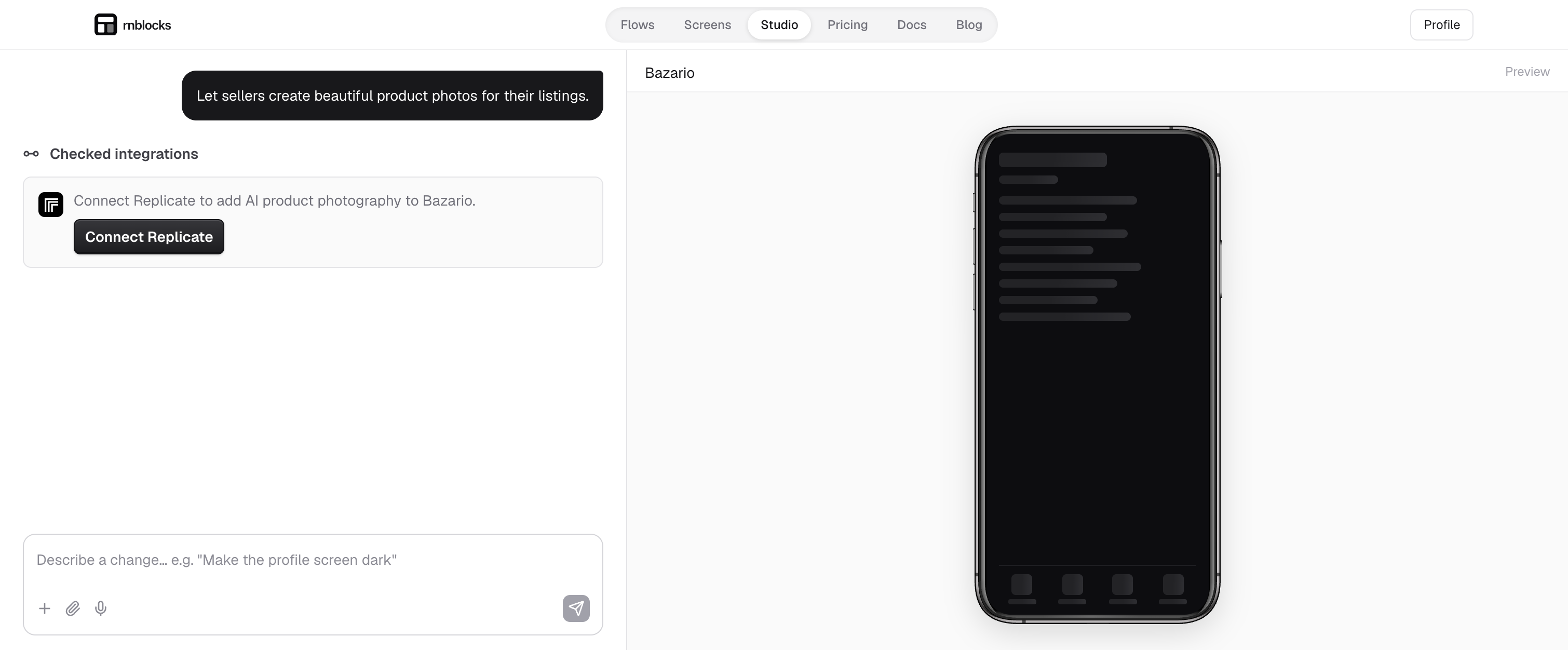 Studio shows a request to add product photography, followed by Checked integrations and a Replicate card with its own logo and Connect Replicate button. The composer remains below the conversation; the desktop preview shows the phone loading state.
