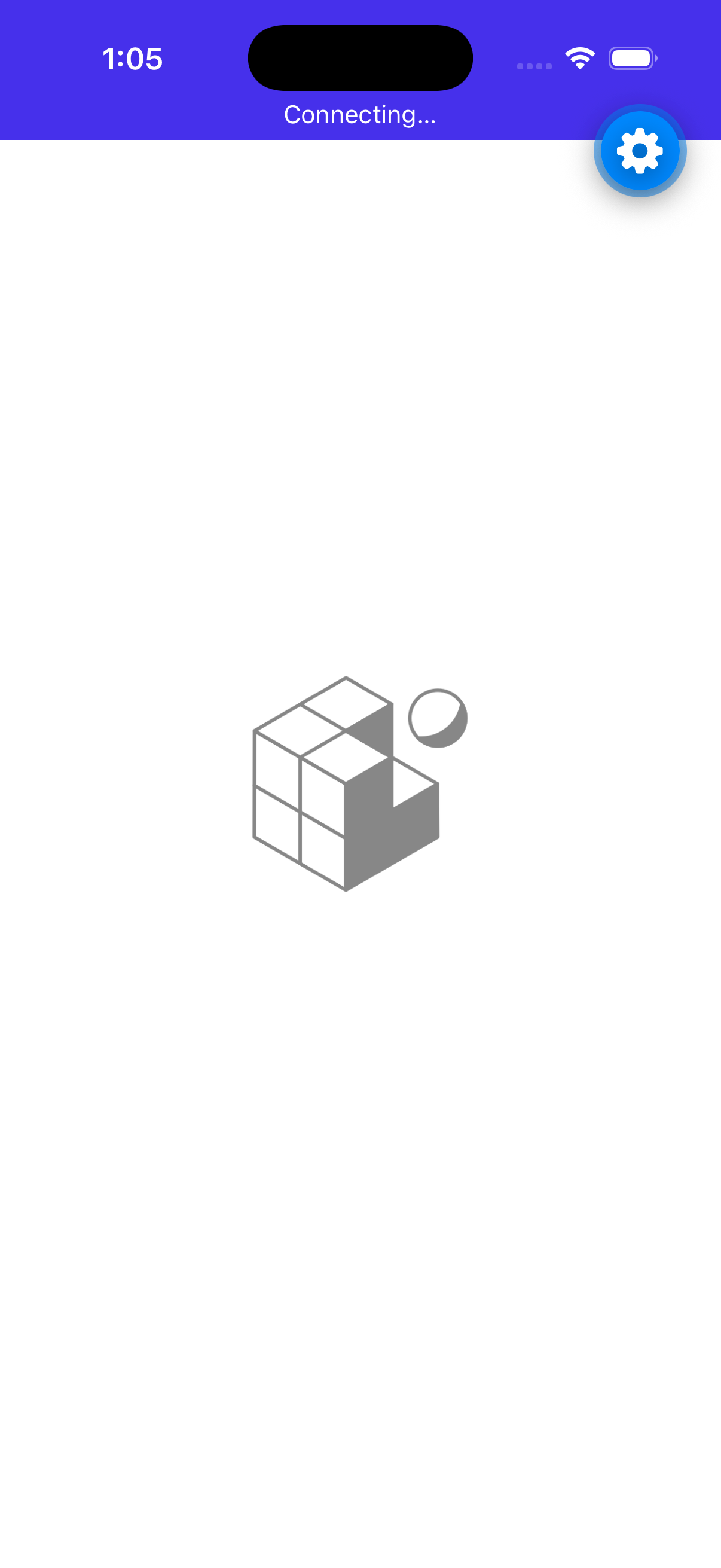 Expo Go shows Connecting… above its logo before the app loads.