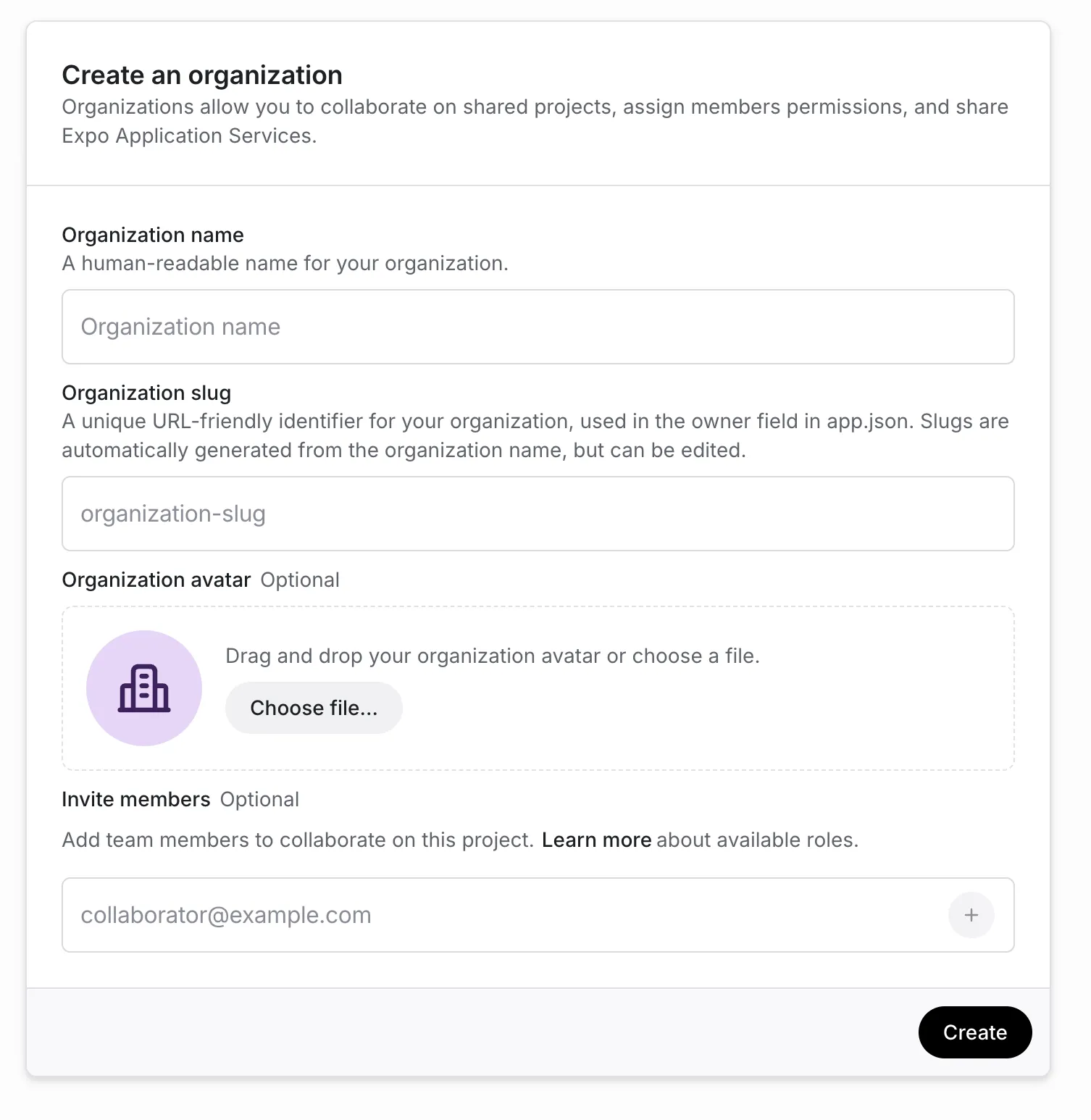Expo’s Create an organization form asks for Organization name and Organization slug, with optional avatar and member invitations, followed by Create.