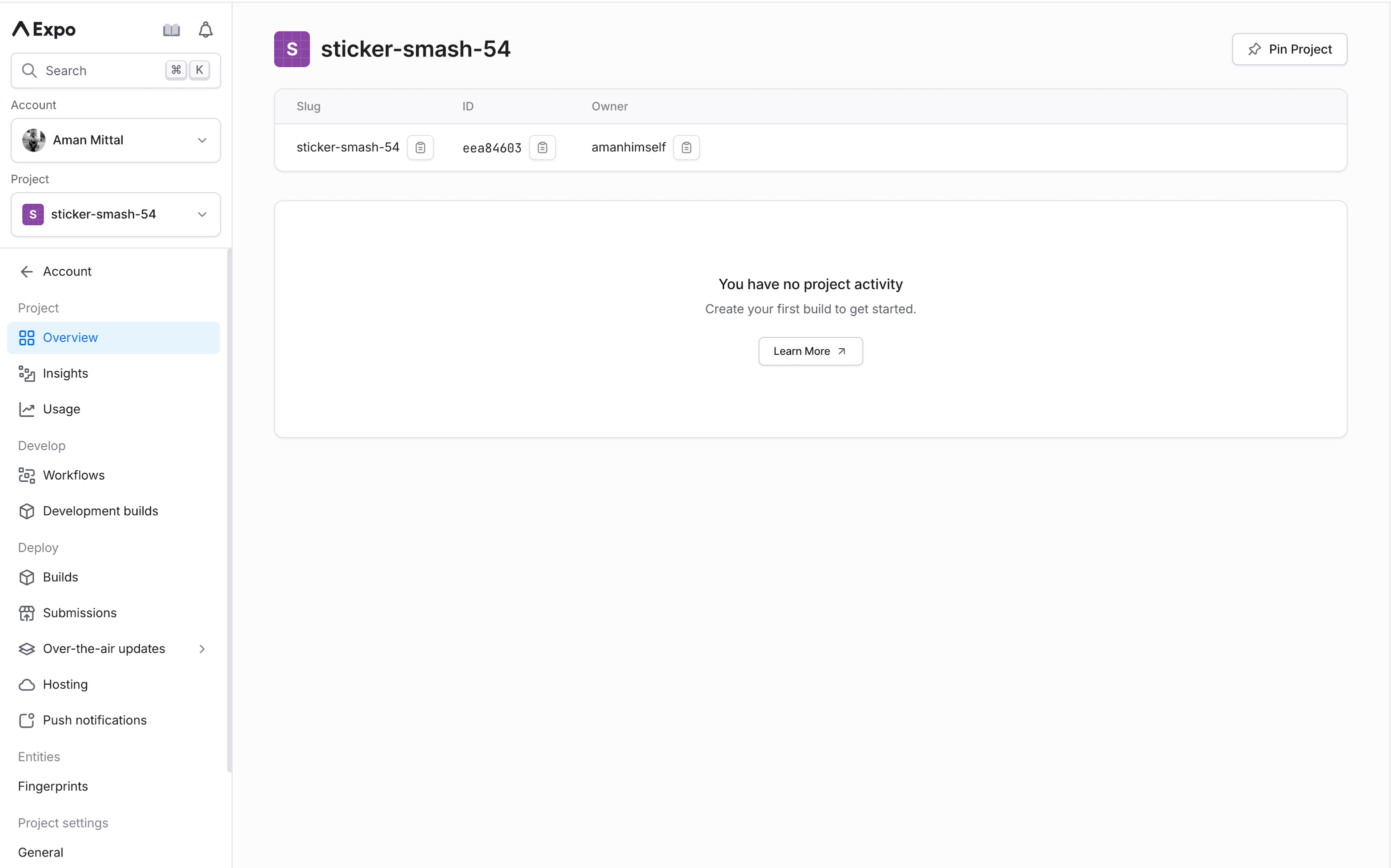 The Expo project Overview shows the project’s slug, ID and owner at the top. The sidebar includes Development builds, Builds, Submissions and project settings.