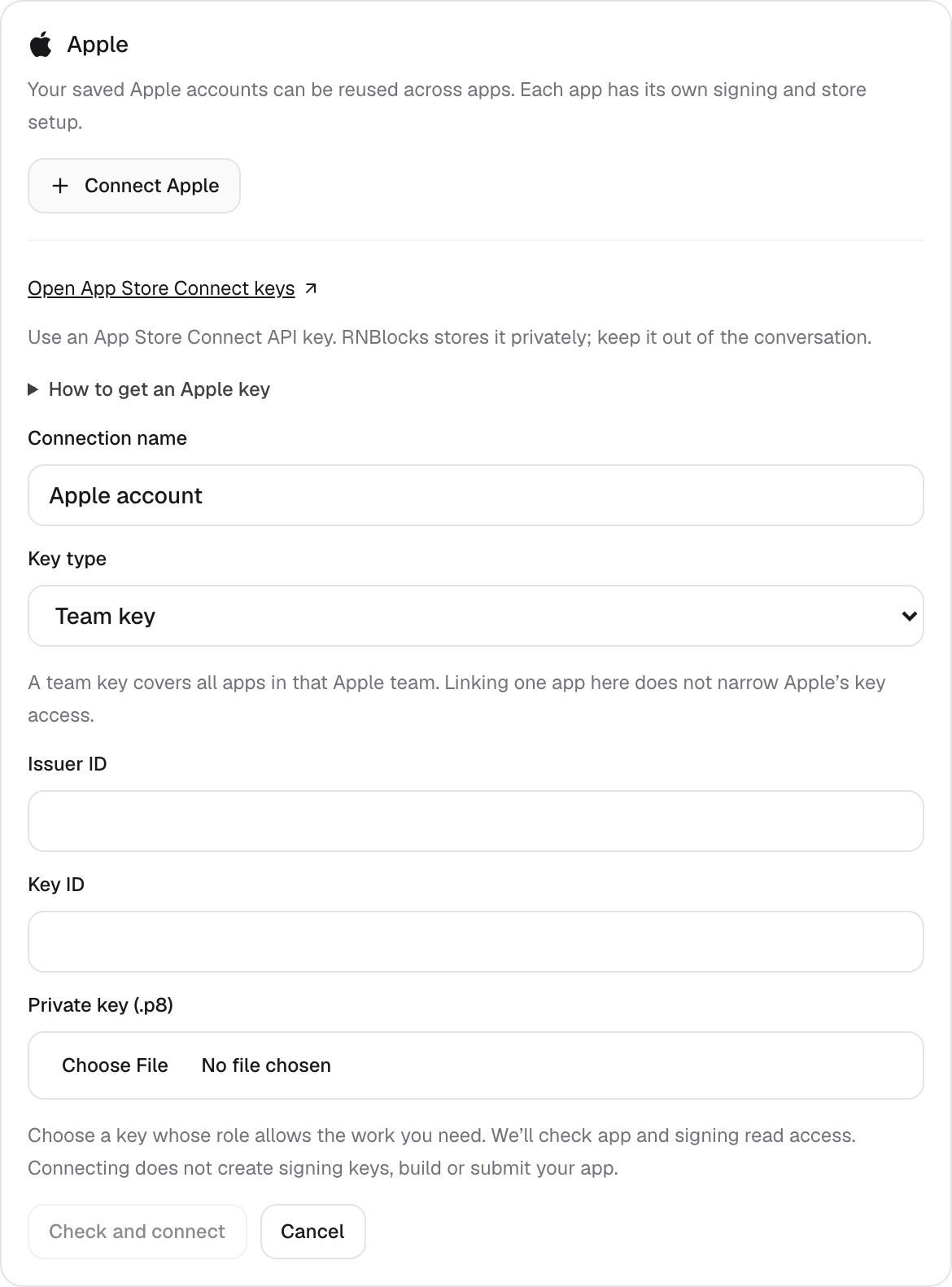 The Apple connection form offers an App Store Connect keys link, Connection name, Key type, Issuer ID, Key ID and Private key (.p8), followed by Check and connect. Team key is selected.