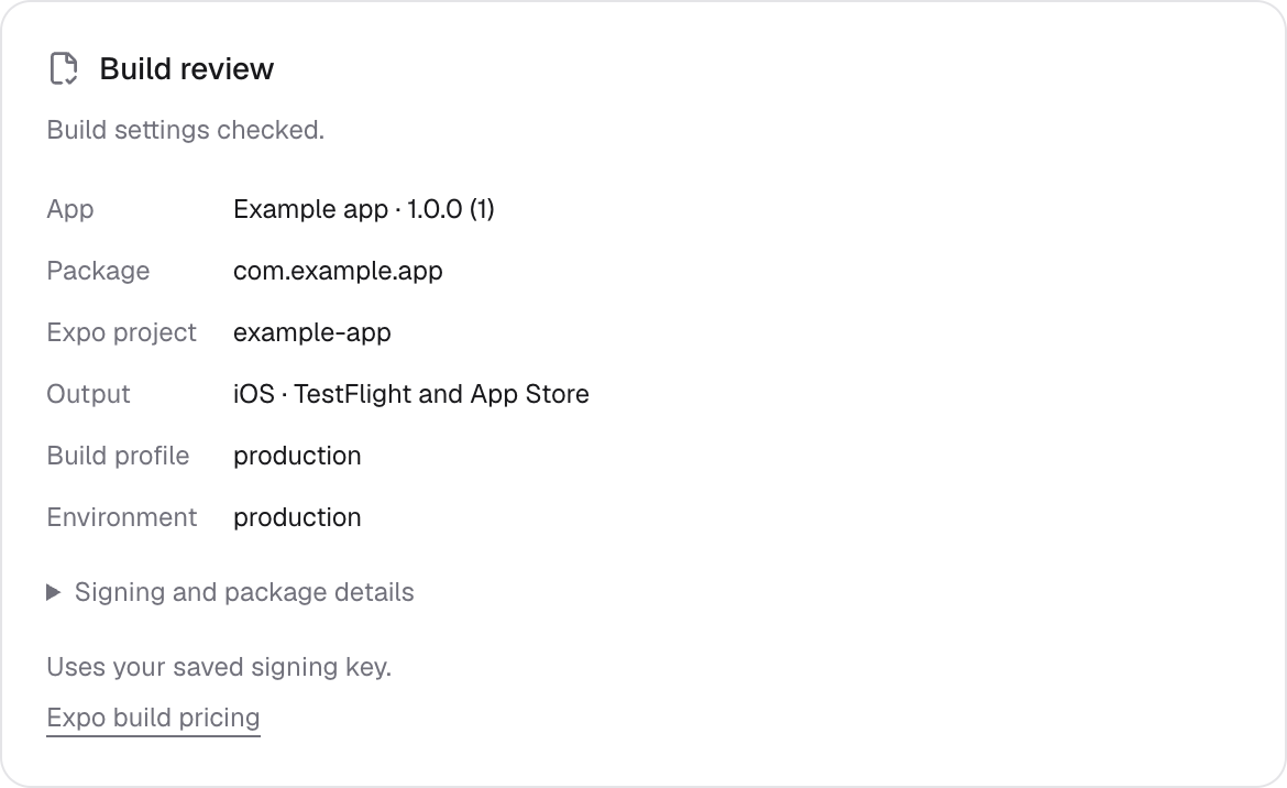 The Build review card lists the app and version, package identifier, Expo project, output, build profile and environment. Signing and package details can be expanded. The example output is iOS for TestFlight and the App Store.