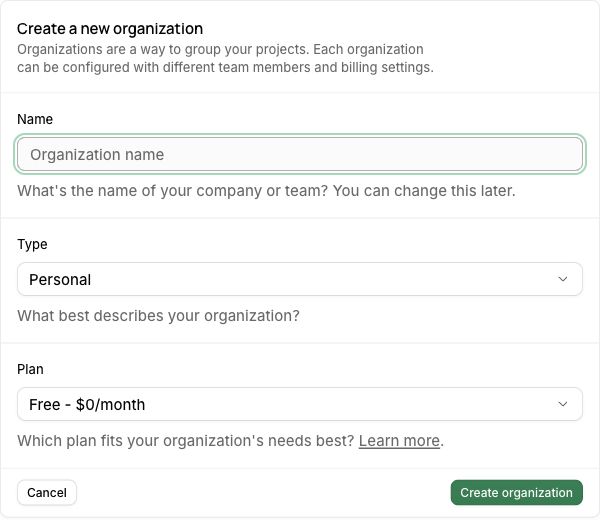 Supabase’s empty organization form. Enter a name, choose the type and review the plan. The screenshot’s plan is an example; confirm current terms before creating anything.