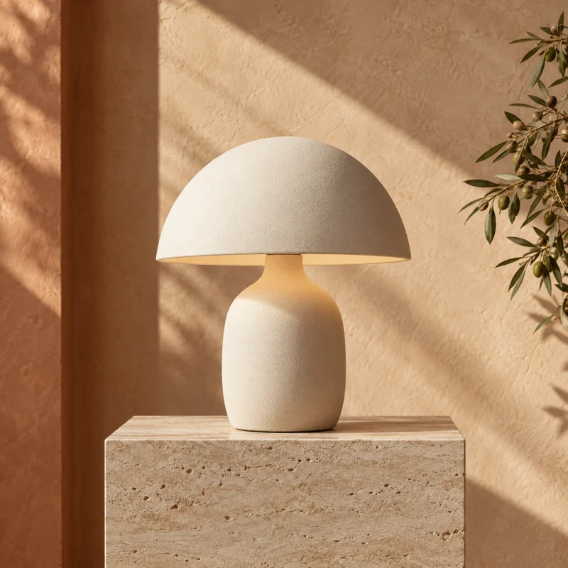 Illustrative AI-generated product photo: sculptural ivory lamp on a sunlit travertine plinth